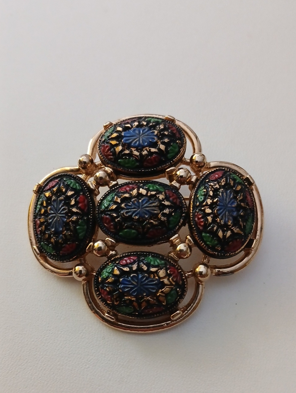 Sarah Coventry Vintage Gold-Tone Floral Enamel Cluster Brooch - Blue & Green